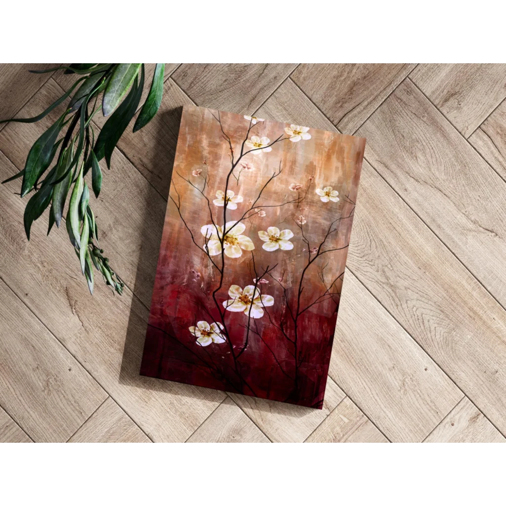 White Cherry Blossoms on Sunset Aluminum Canvas Art
