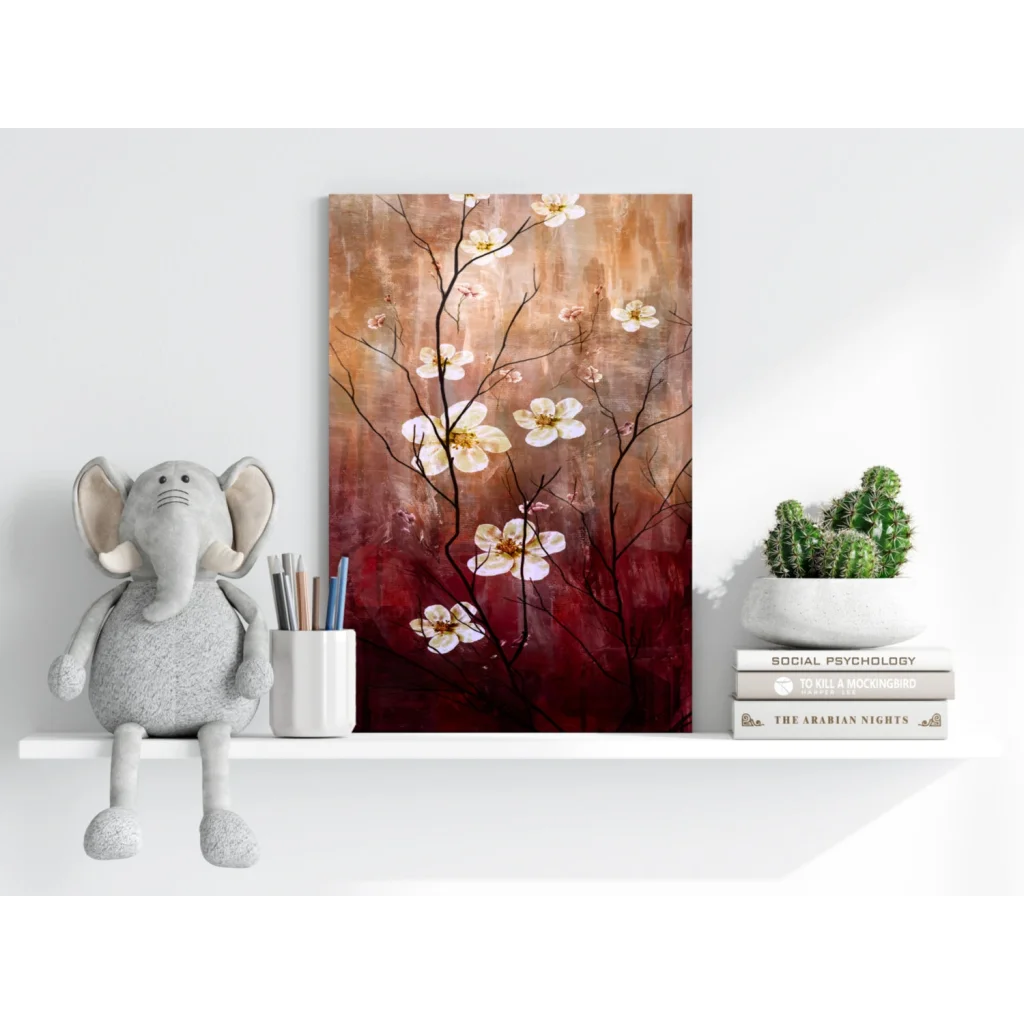 White Cherry Blossoms on Sunset aluminum canvas art with delicate blooms
