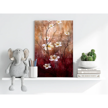 White Cherry Blossoms on Sunset aluminum canvas art with delicate blooms