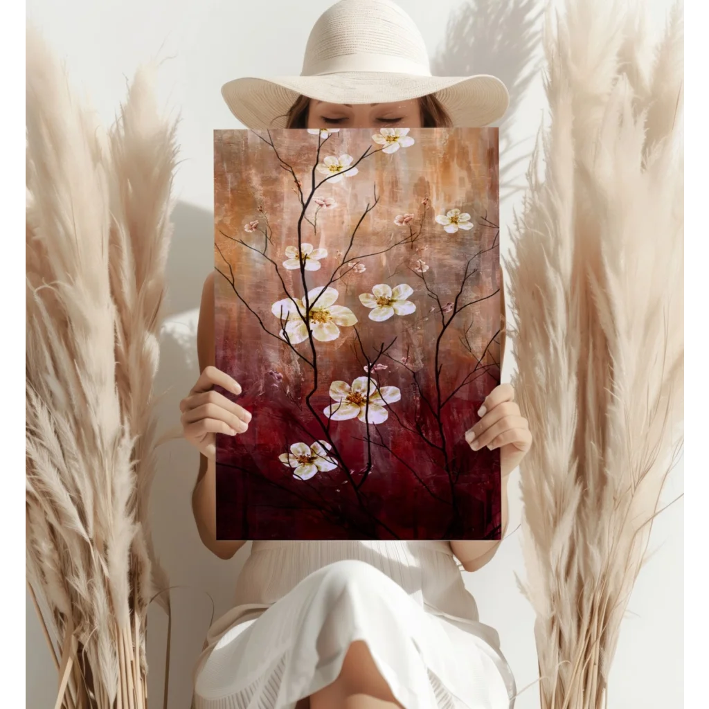 White cherry blossoms on sunset aluminum canvas art print