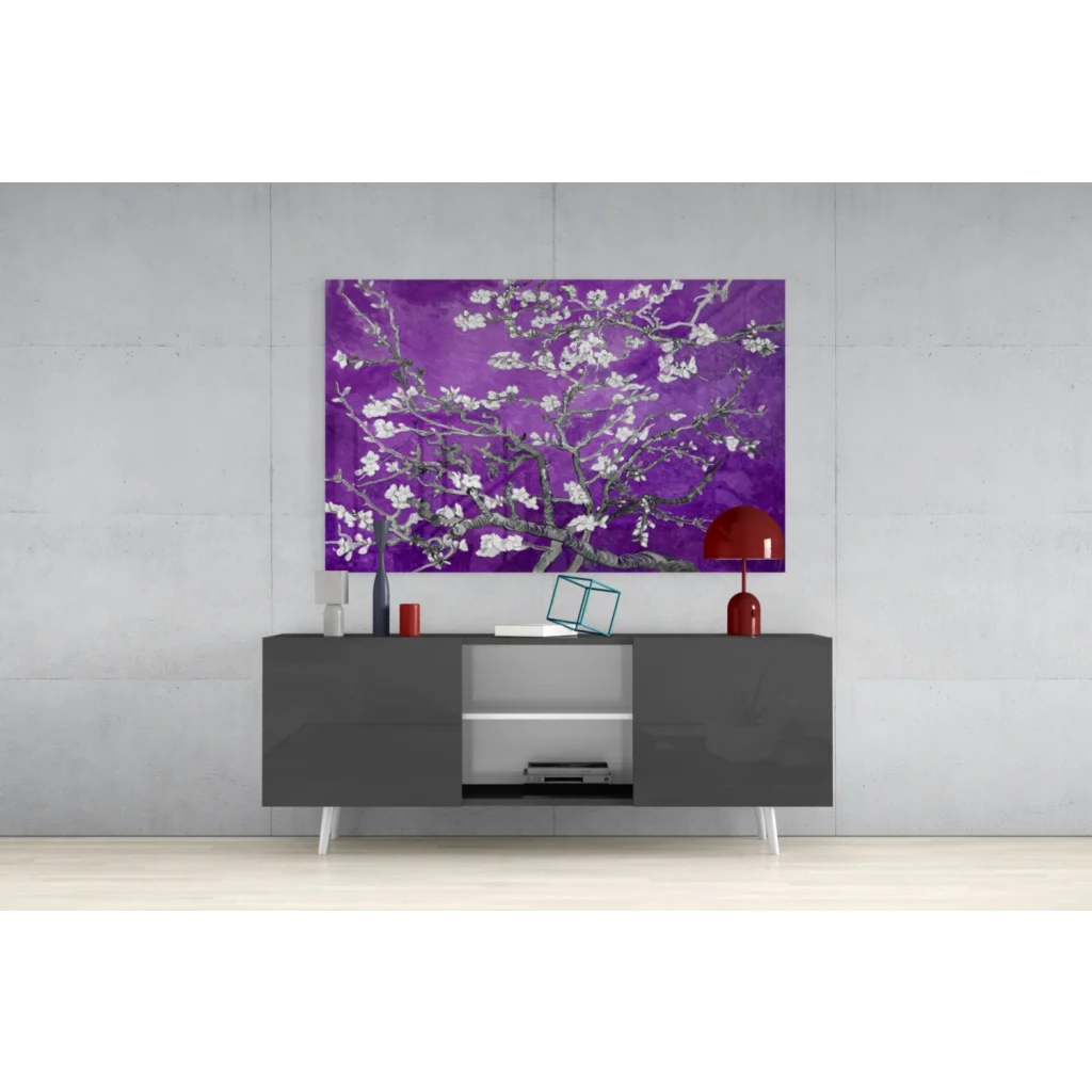 Vibrant purple blossom tree wall art canvas with white flowers