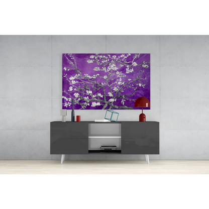 Vibrant purple blossom tree wall art canvas with white flowers