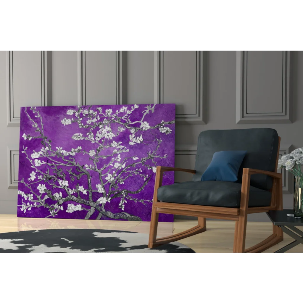 Vibrant purple blossom tree canvas wall art with white flowers
