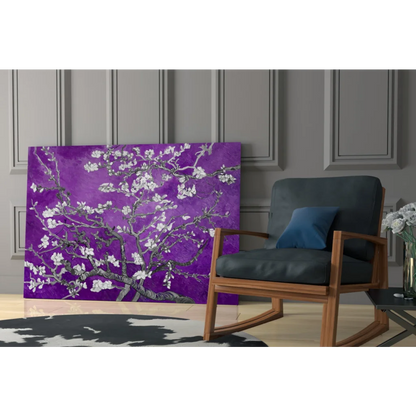 Vibrant purple blossom tree canvas wall art with white flowers