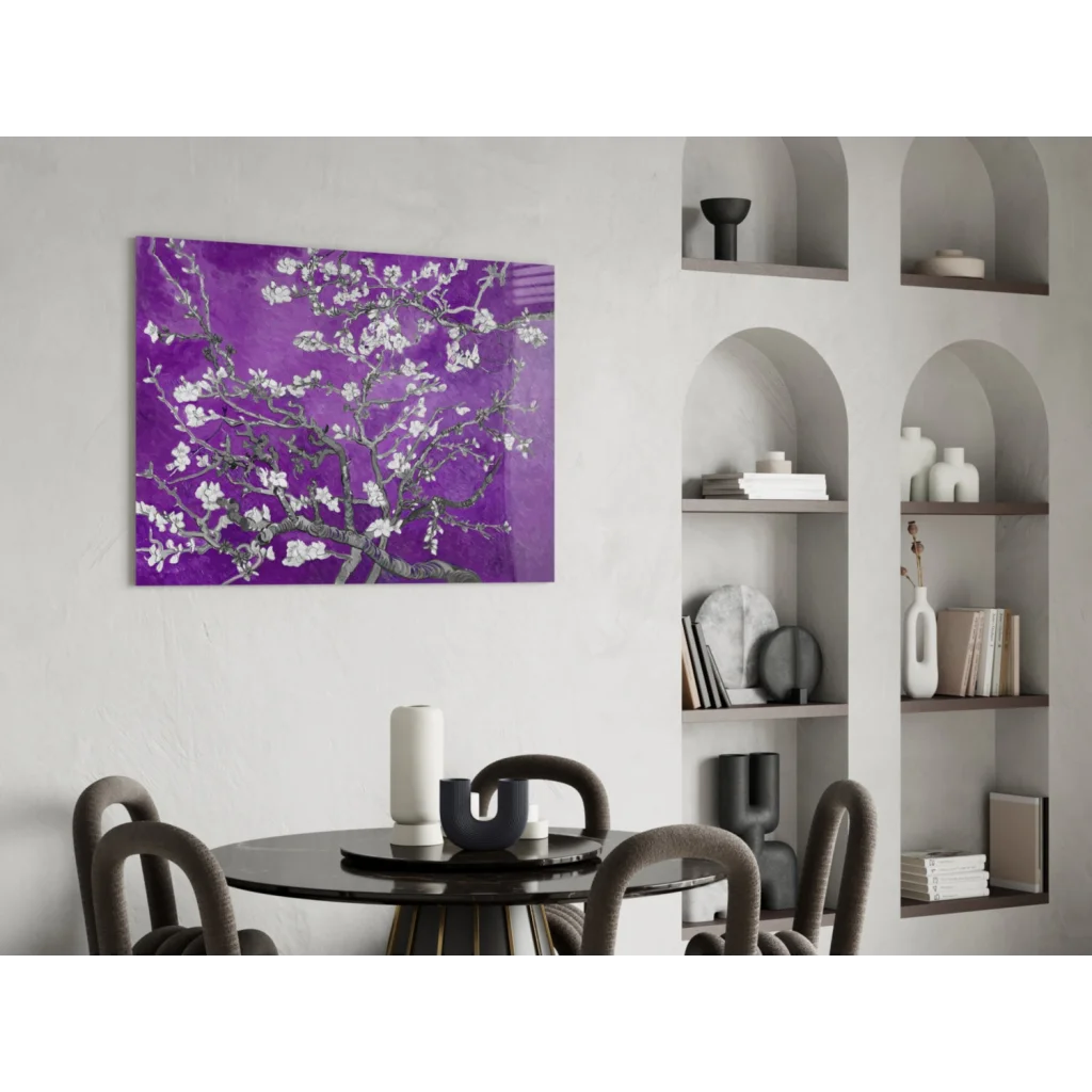 Vibrant purple blossom tree canvas wall art with white flowers on wall