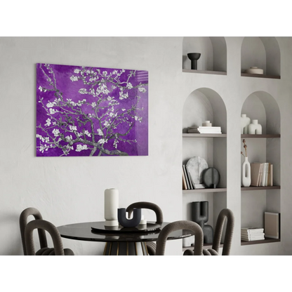 Vibrant purple blossom tree canvas wall art with white flowers on wall