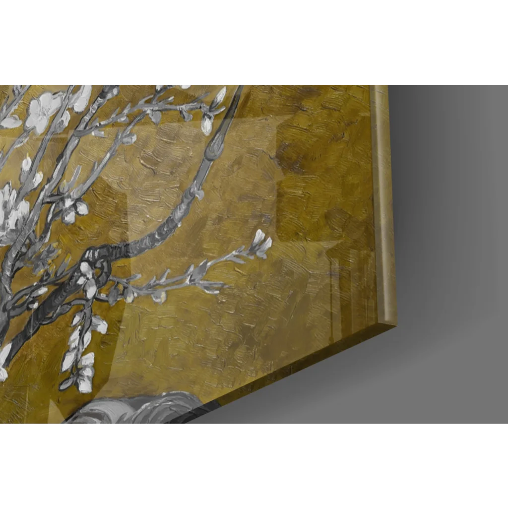 Textured gold canvas wall art of blooming almond tree with white blossoms