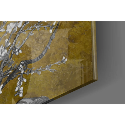 Textured gold canvas wall art of blooming almond tree with white blossoms