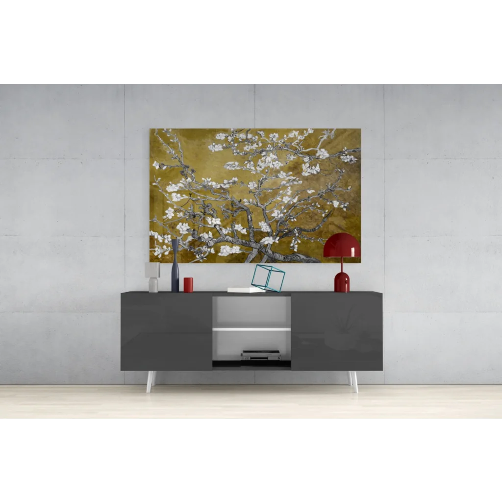 Stylized blooming almond tree wall art on textured gold canvas