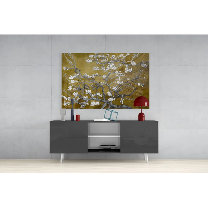 Stylized blooming almond tree wall art on textured gold canvas