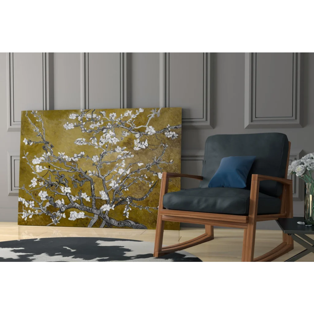 Modern rocking chair with navy cushions under Blooming Almond Tree wall art