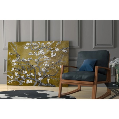 Modern rocking chair with navy cushions under Blooming Almond Tree wall art