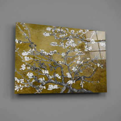 Blooming Almond Tree Canvas Wall Art with Golden Texture | Glass Wall Art Print | vintageantiquesgifts.com