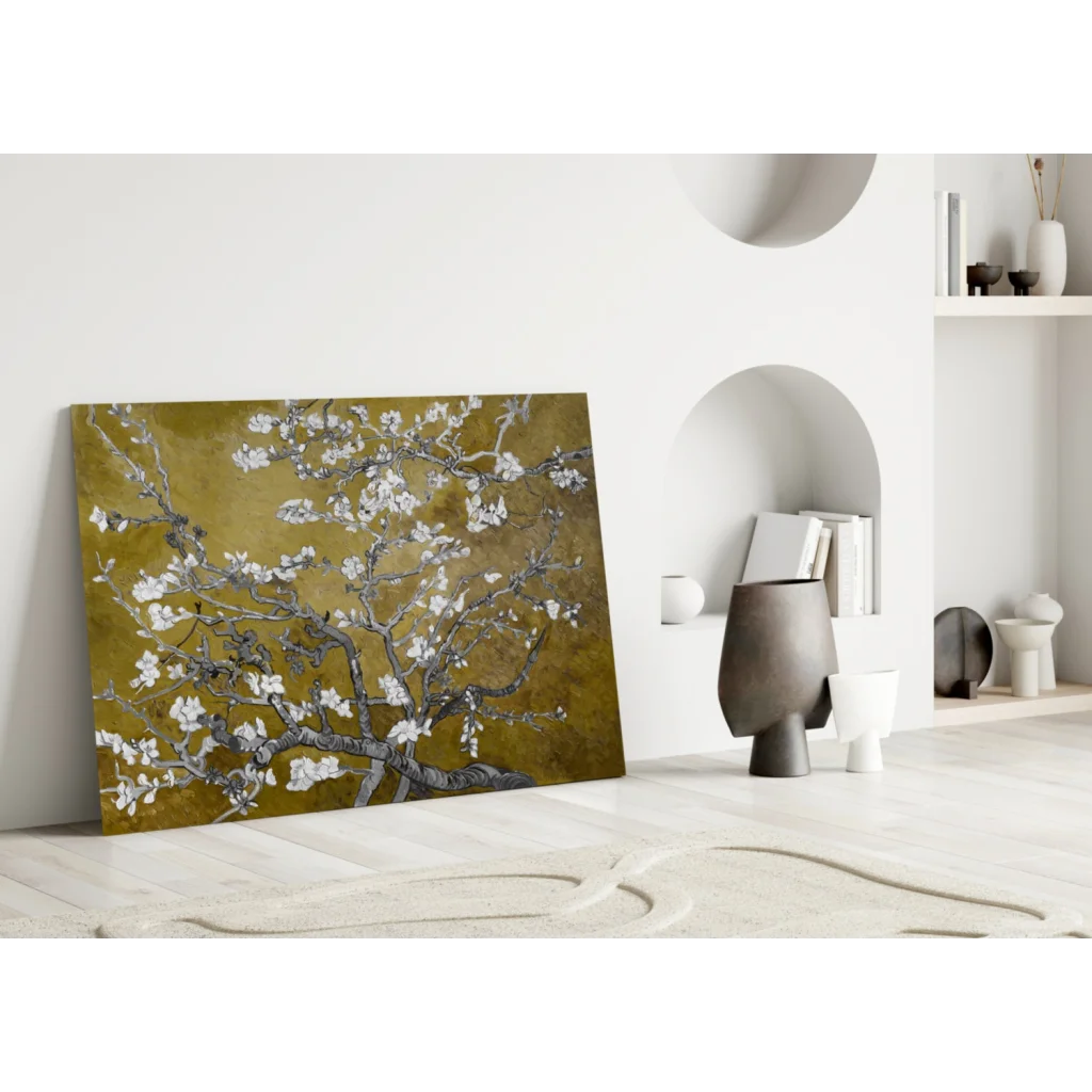 Blooming Almond Tree Canvas Wall Art with Golden Texture | Modern Wall Art Decor | vintageantiquesgifts.com