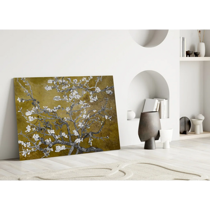Blooming Almond Tree Canvas Wall Art with Golden Texture | Modern Wall Art Decor | vintageantiquesgifts.com