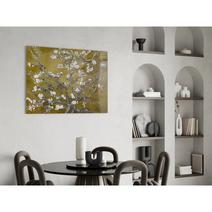 Stylized white almond blossoms on olive-green textured canvas wall art