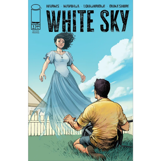 Woman in blue dress before kneeling man by Jean Paul Mavinga White Sky #1