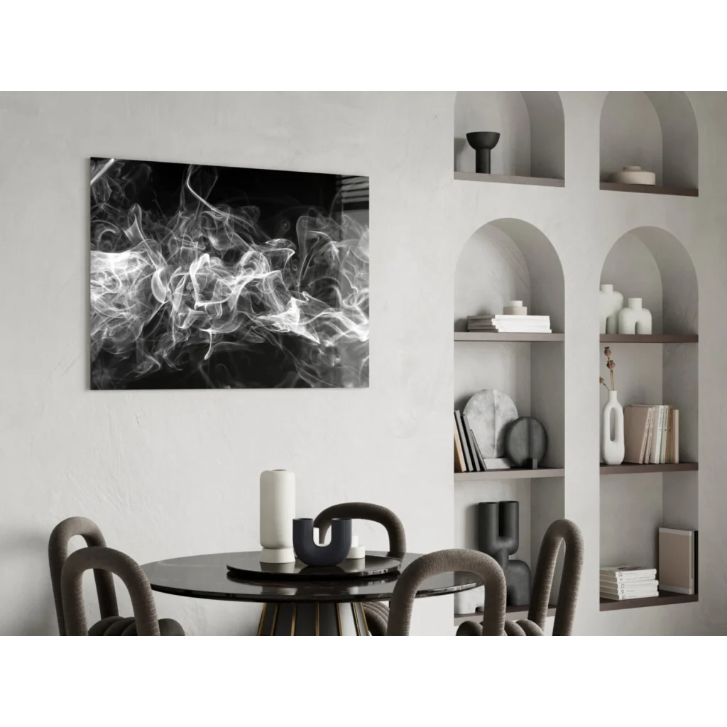 Black-and-white smoke swirls glass wall art mounted on wall