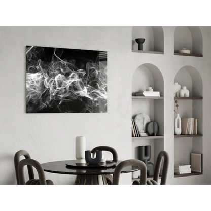 Black-and-white smoke swirls glass wall art mounted on wall