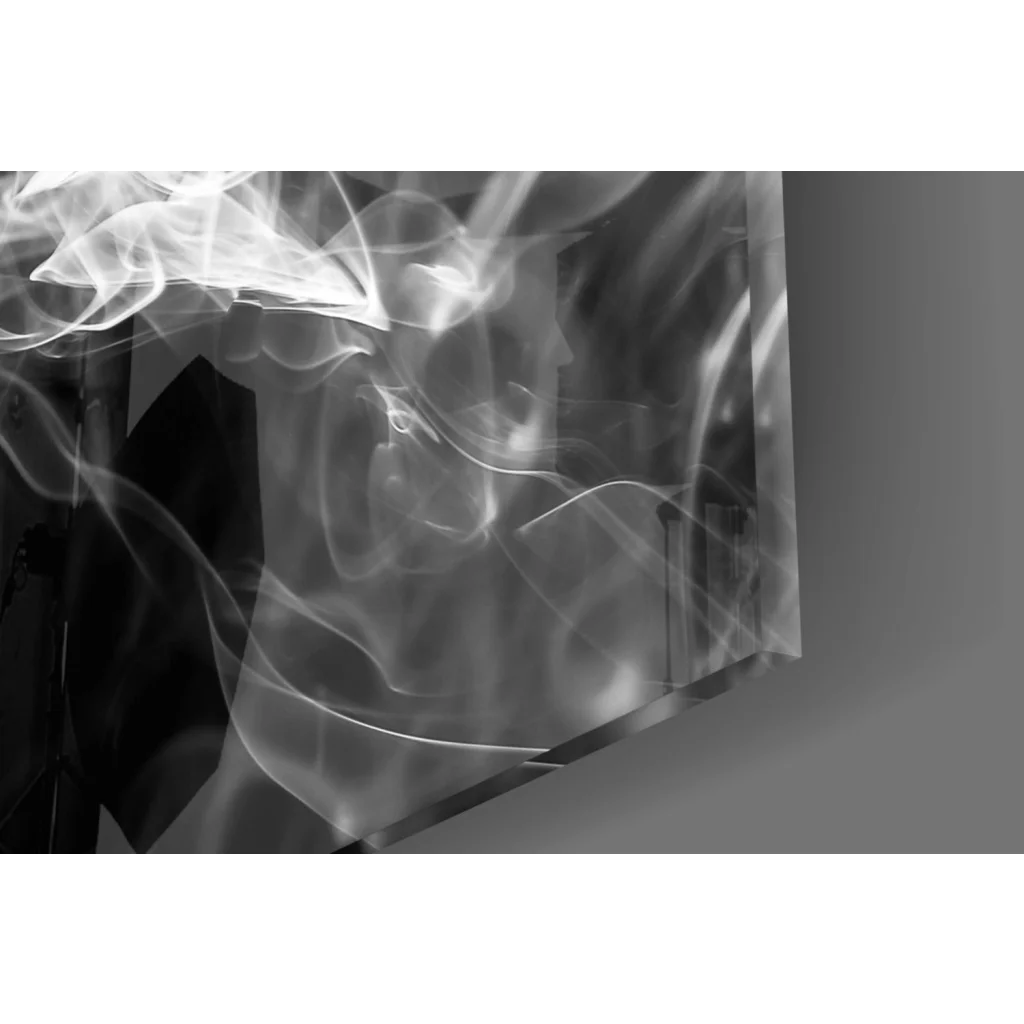Translucent geometric glass wall art with swirling black and white smoke patterns