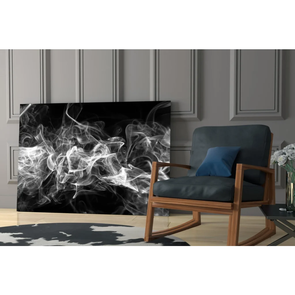 Black and white smoke swirls glass wall art on modern canvas