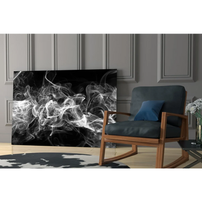 Black and white smoke swirls glass wall art on modern canvas