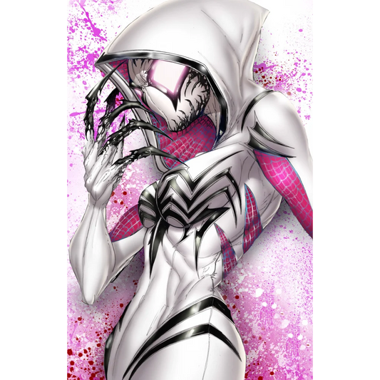 White symbiote virgin comic featuring pink spider-venom suit with black webbing