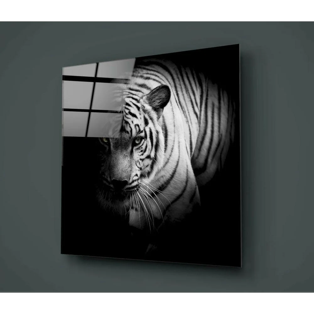 Stunning Tiger Glass Wall Art in Bold Black and White | Glass Wall Art Print | vintageantiquesgifts.com