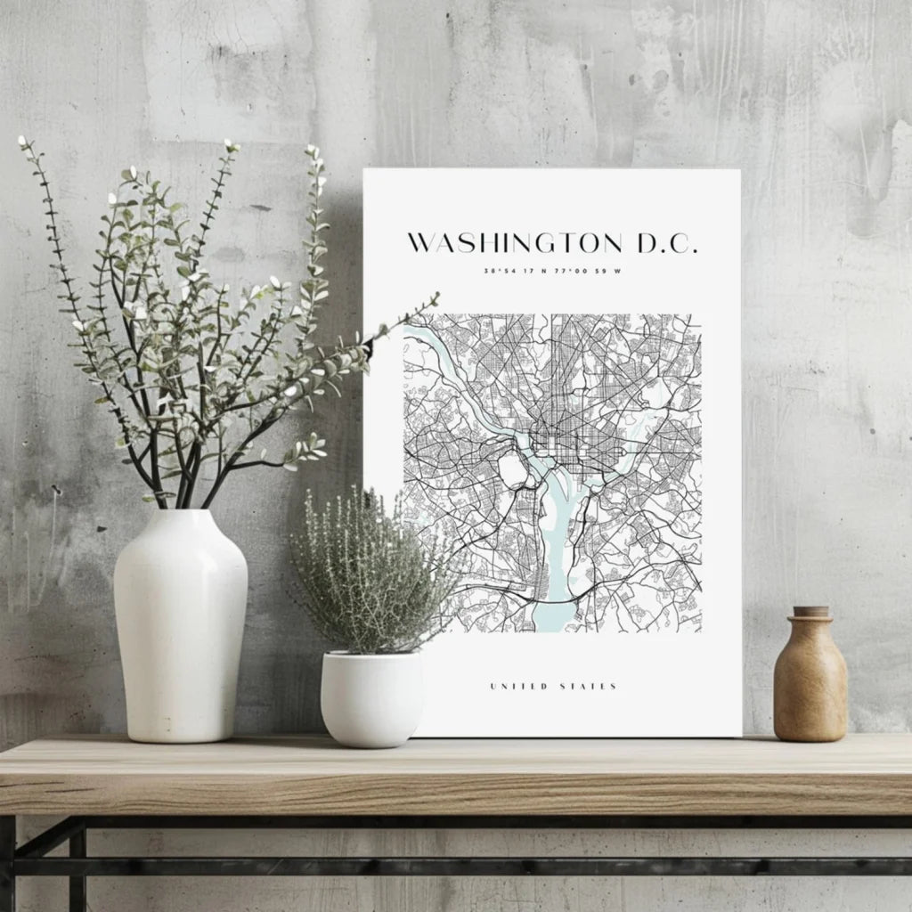 White vase with greenery and black stems on Washington DC map print