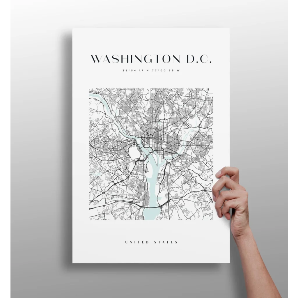 White minimalist Washington DC city map poster on aluminum print