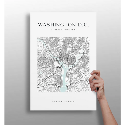White minimalist Washington DC city map poster on aluminum print