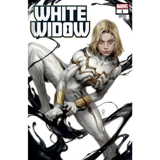 Comic book cover featuring blonde woman in white and gold spider suit from White Widow by Unknown Comics Miguel Mercado