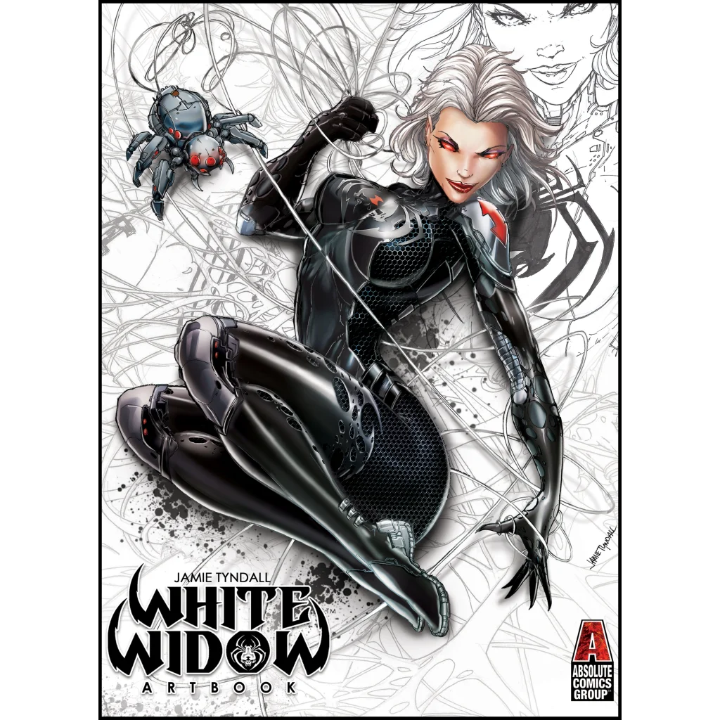 Black White Widow superheroine in red-accented suit from art book