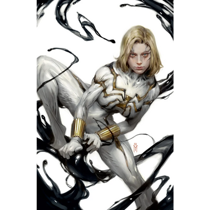 Blonde woman in white and gold spider-suit with black tendrils from White Widow comics Miguel Mercado