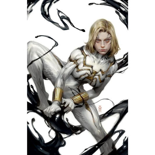 Blonde woman in white and gold spider-suit with black tendrils from White Widow comics Miguel Mercado