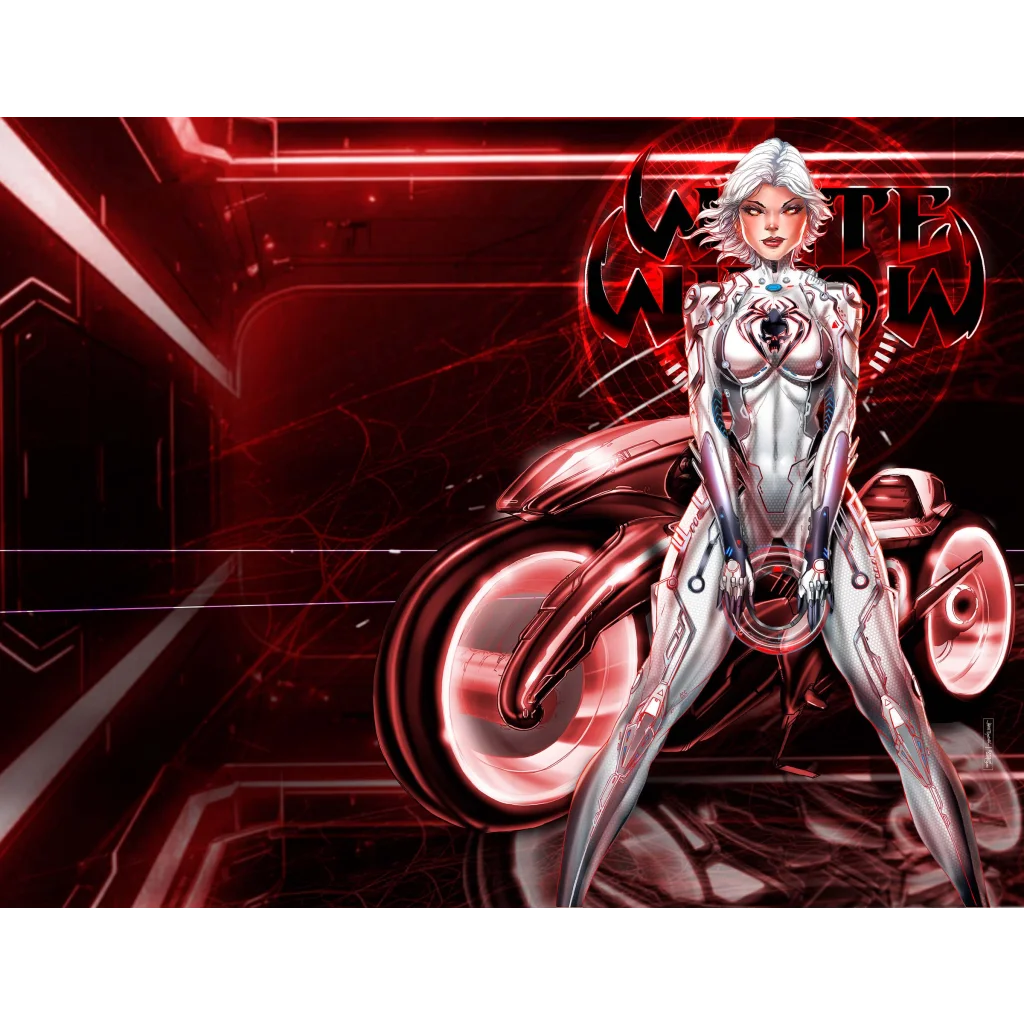 White widow NYCC Tron bike print: silver red futuristic motorcycle with glowing pink wheels