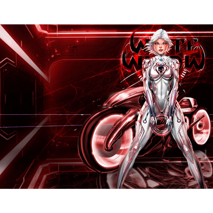 White widow NYCC Tron bike print: silver red futuristic motorcycle with glowing pink wheels