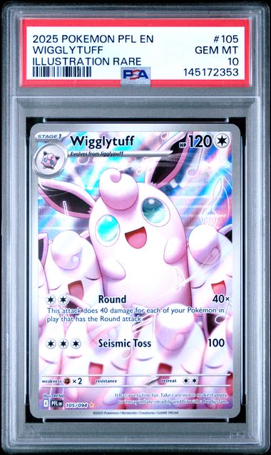 Graded PSA 10 Gem Mint Wigglytuff illustration rare Pokémon card in clear protective case showing pink creature with purple accents.