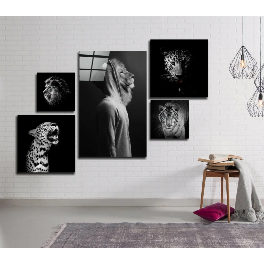 Wild Majesty glass wall art set with lion, tiger, leopard prints
