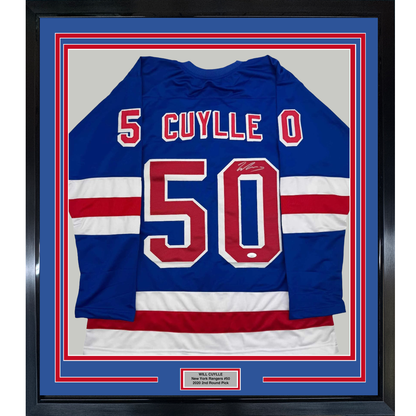 Framed blue, white and red New York Rangers #50 jersey with "CUYLLE" nameplate, displayed front-facing against blue matting with red border frame.