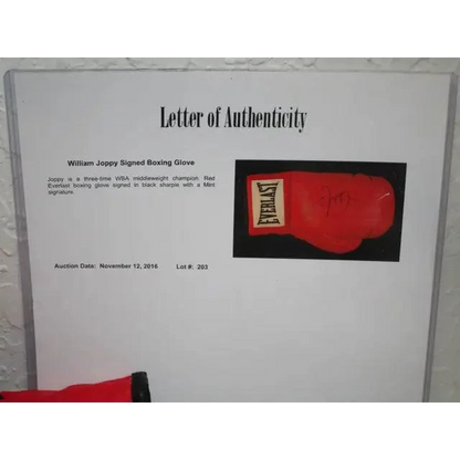 Letter of authenticity for William Joppy autographed boxing glove with certificate