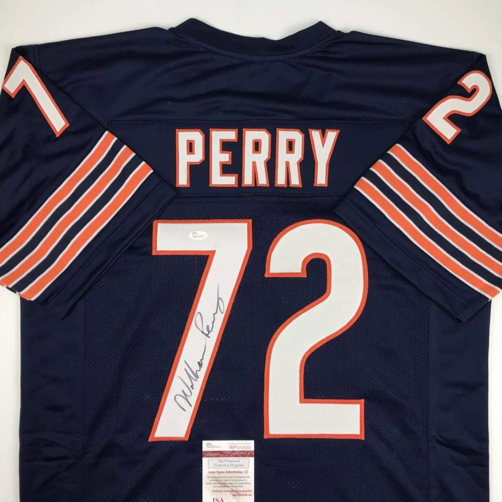 William Perry signed custom jersey, navy blue Bears style with orange white stripes
