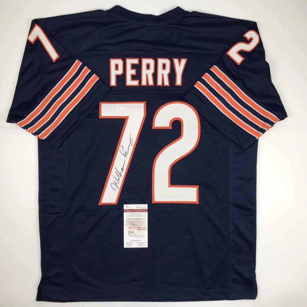 William Perry signed custom jersey in navy blue Bears style with orange accents