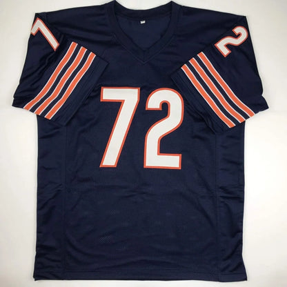 Navy blue custom jersey with orange white stripes, number 72, Bears style