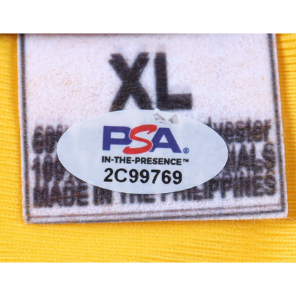 Yellow Star Trek uniform with XL tag and PSA authentication sticker featuring William Shatner