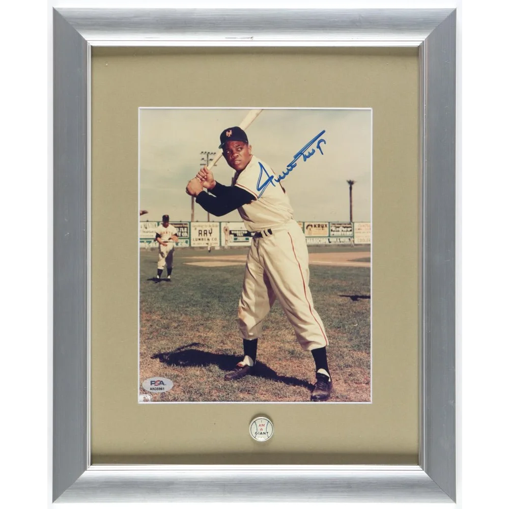 Willie Mays signed Giants photo with commemorative coin in frame for display