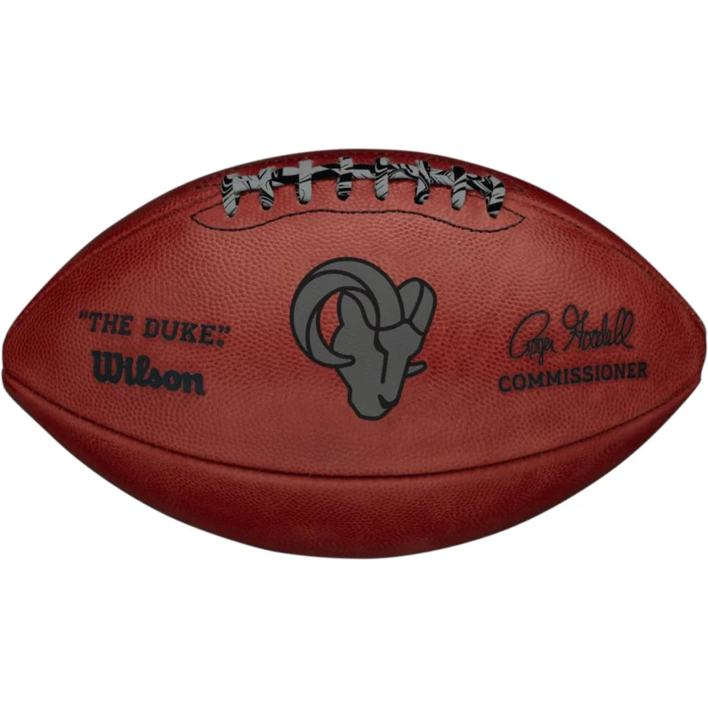 Brown leather Wilson NFL Duke football with team metallic marble laces and Rams head logo