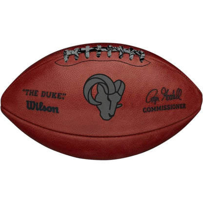 Brown leather Wilson NFL Duke football with team metallic marble laces and Rams head logo