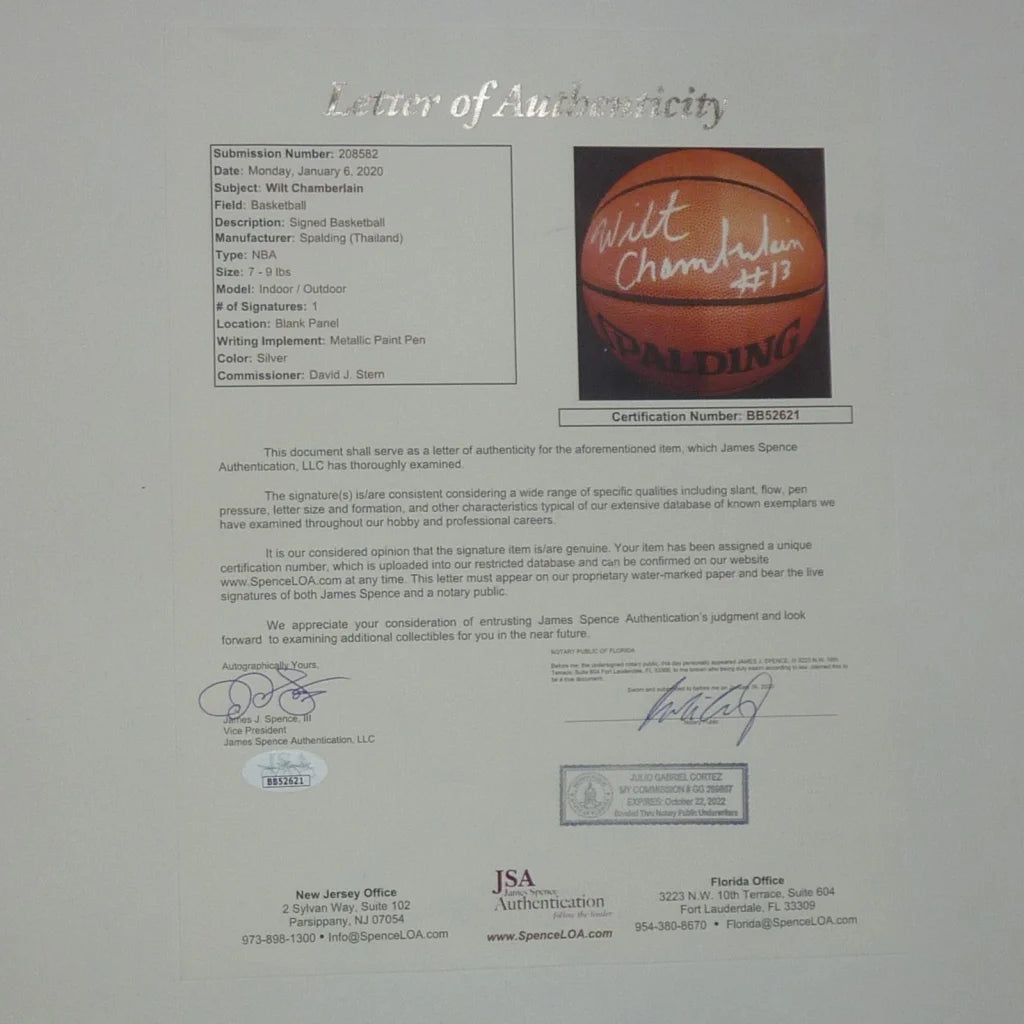 Wilt Chamberlain autographed NBA basketball with JSA certificate