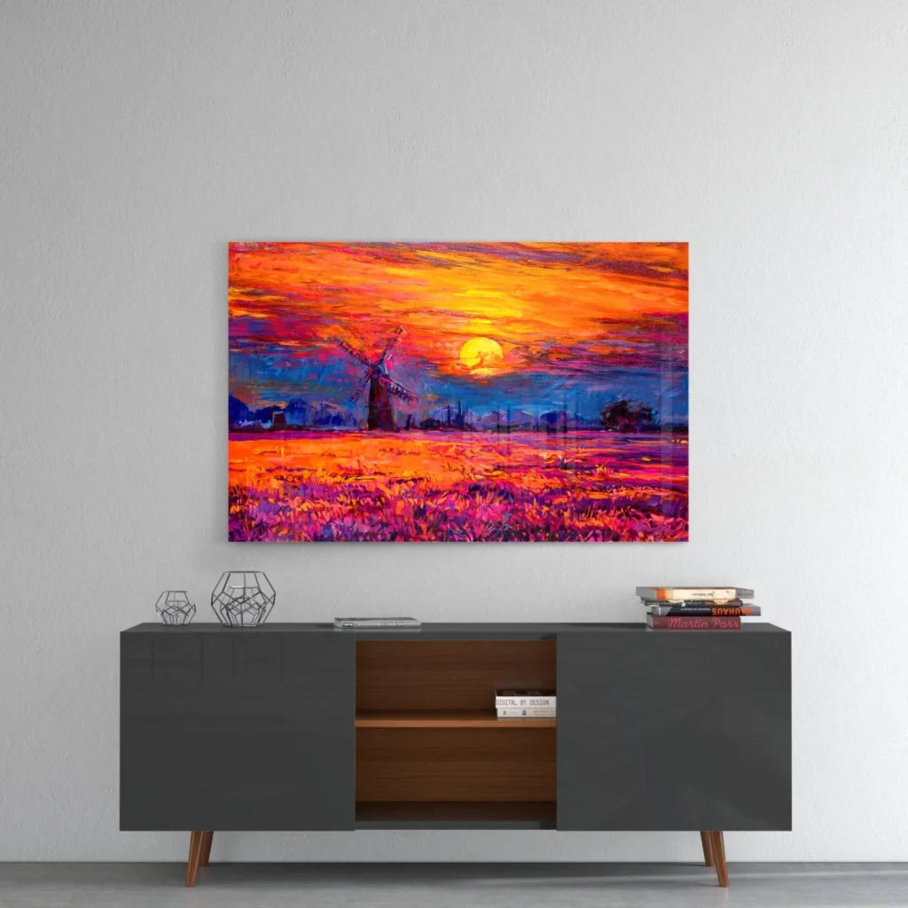 Vibrant windmill sunset wall art canvas in fiery orange purple hues